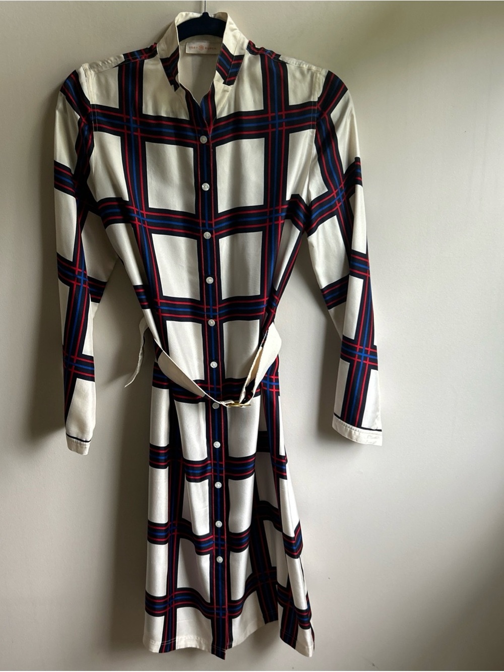 Tory Burch White Plaid Button-Front Long-Sleeve Shirt Dress